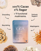 Enhanced 100% ceremonial cacao with mystical mushroom from Ora Cacao, showing a close-up of the cacao block with mushroom infusion.