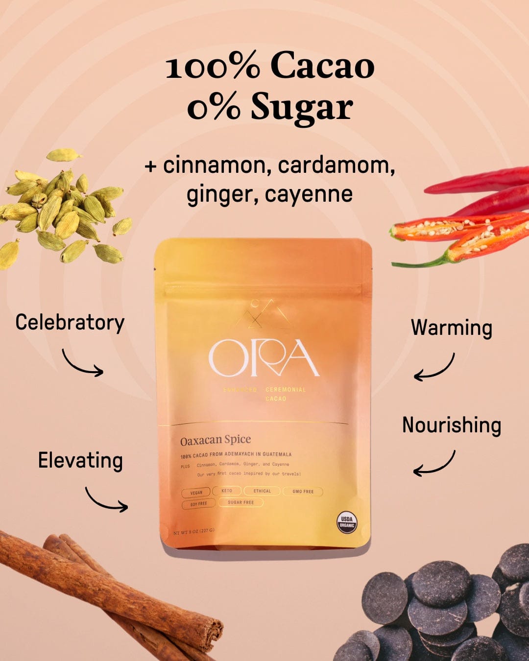 Jar of Ora Cacao Oaxacan Spice Enhanced 100% Ceremonial Cacao in a glass container with a label.