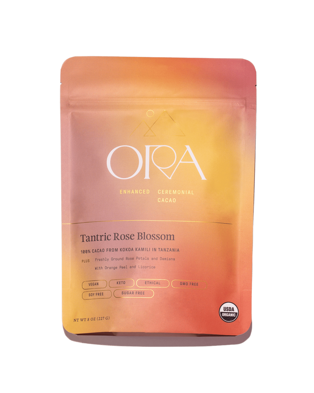 Ora Cacao Tantric Rose Blossom enhanced ceremonial cacao in 1 lb package, featuring rich cacao and floral rose blossom notes.
