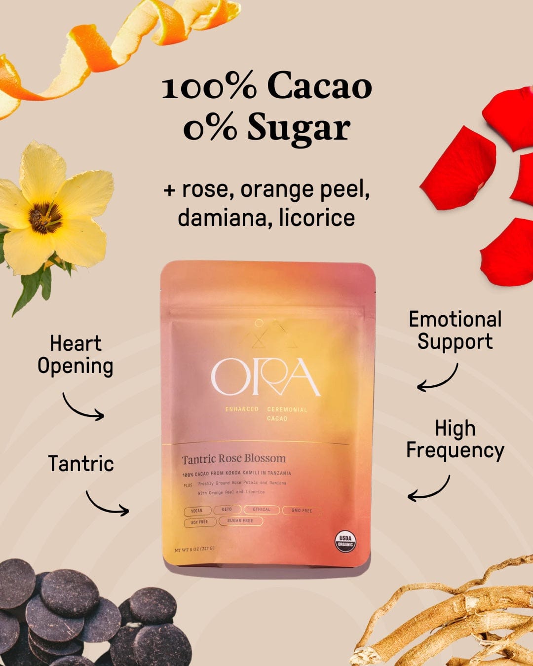 Enhanced 100% Ceremonial Cacao with Tantric Rose Blossom from Ora Cacao, showing a close-up of the cacao and rose blossom pieces.
