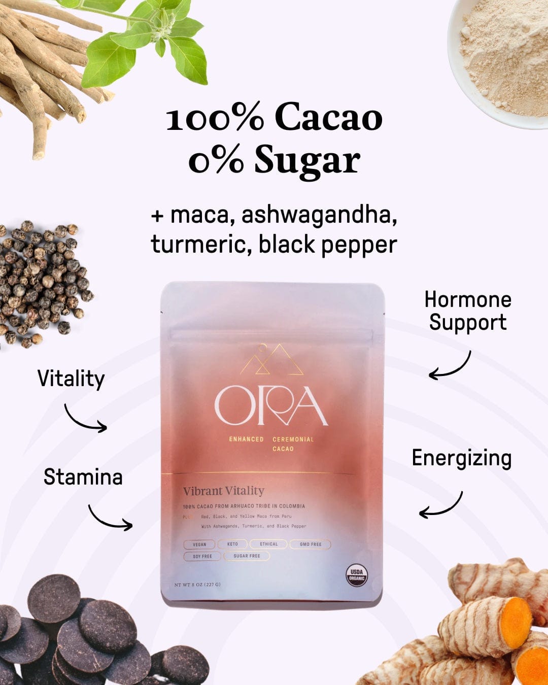Enhanced 100% ceremonial cacao from Ora Cacao, vibrant vitality flavor, shown in a 1 lb package with rich cacao beans.