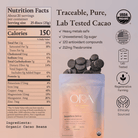 Pure 100% ceremonial cacao from Ora Cacao, Boundless Belize, shown in a 1 lb package with rich cacao beans visible.