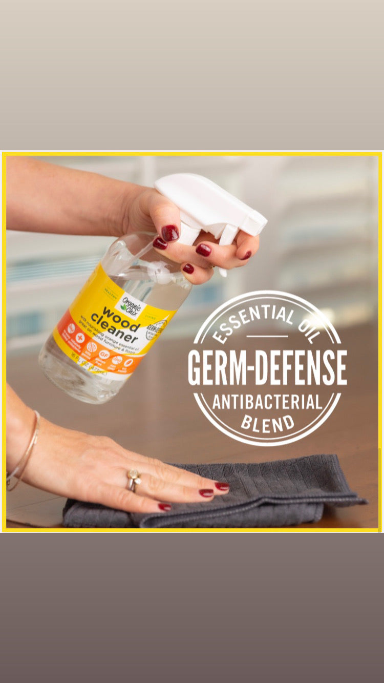 Organic Chix natural non-toxic wood cleaner in a spray bottle for healthy, eco-friendly wood surface cleaning.