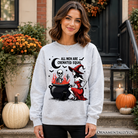 Funny Halloween sweatshirt by OrnamentallyYou featuring a witch design and the phrase "All Men Are Cremated Equal" in a cozy sweatshirt style.