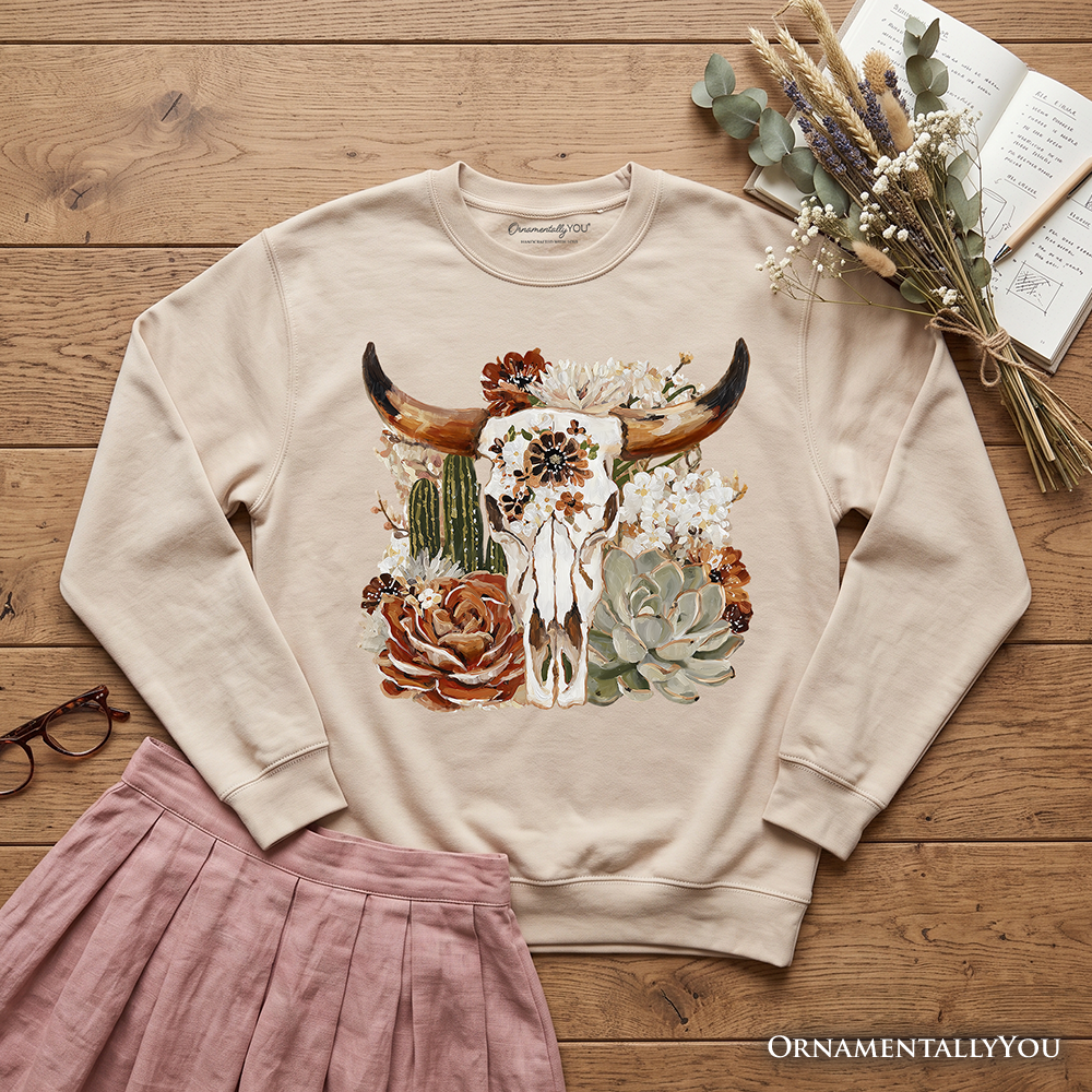 Boho floral cow skull design on OrnamentallyYou Western autumn cowgirl sweatshirt, cozy sweatshirt with floral and cow skull print.