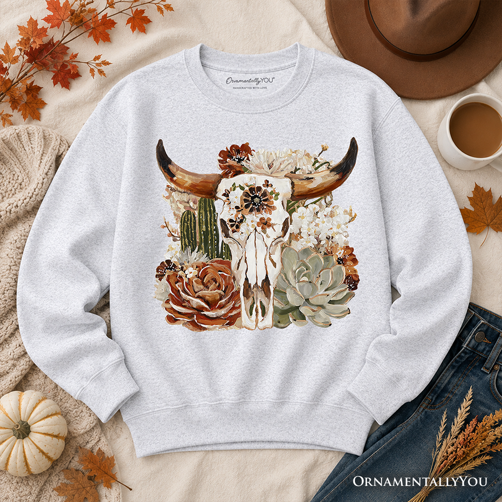 Boho floral cow skull sweatshirt from OrnamentallyYou featuring western autumn cowgirl design, cozy and stylish sweatshirt for fall.