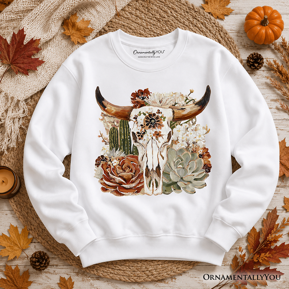 Boho floral cow skull sweatshirt by OrnamentallyYou, Western autumn cowgirl sweater with floral and skull design on soft fabric.
