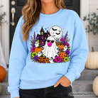 Colorful Bubblegum Ghost Haunted House sweatshirt by OrnamentallyYou featuring floral Halloween pumpkin design, cozy sweatshirt style.