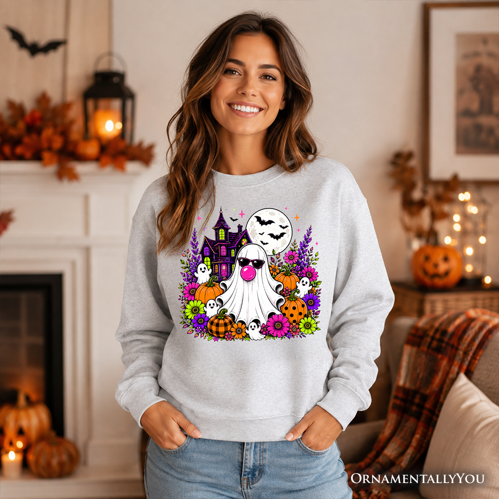 Colorful floral Halloween pumpkin ghost sweatshirt by OrnamentallyYou featuring a bubblegum ghost haunted house design.