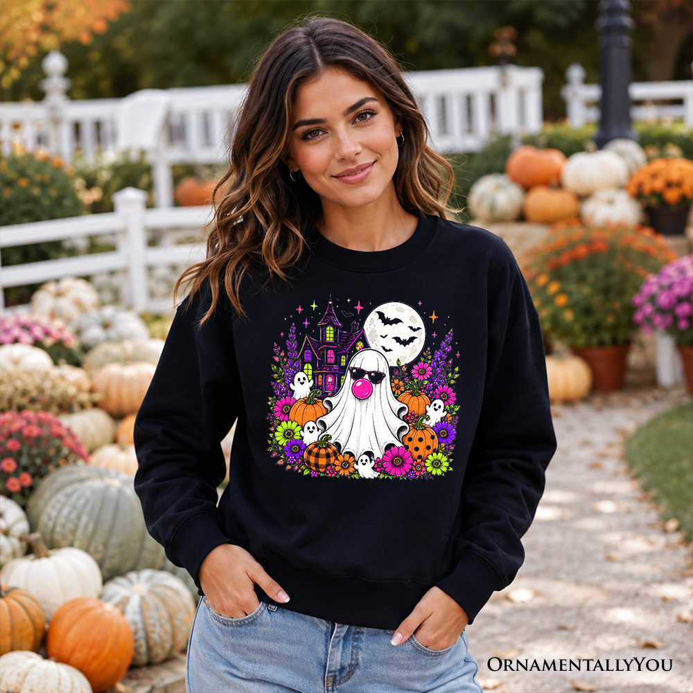 Colorful floral Halloween pumpkin sweatshirt featuring a bubblegum ghost haunted house design from OrnamentallyYou.