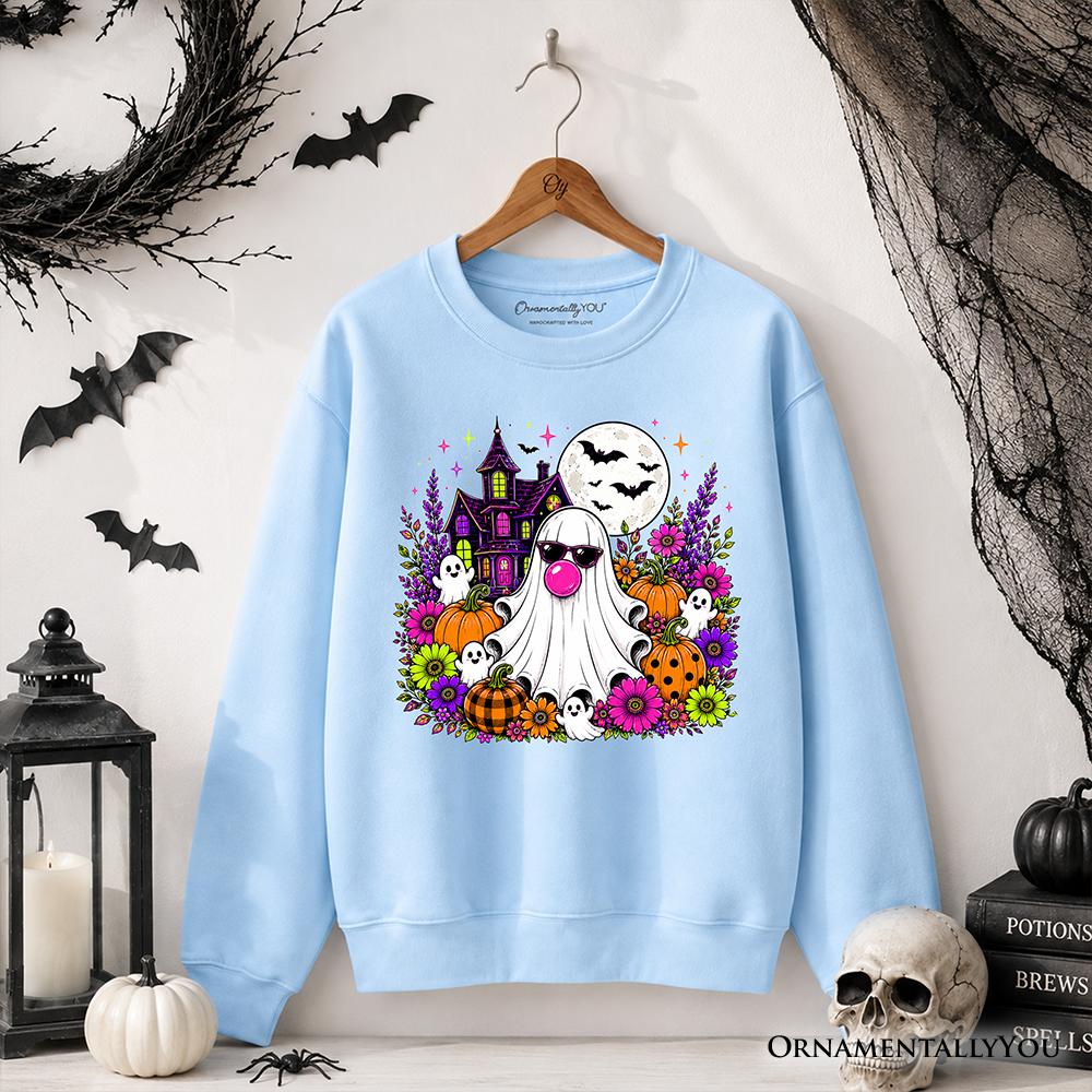 Colorful floral Halloween pumpkin sweatshirt featuring a bubblegum ghost haunted house design by OrnamentallyYou.