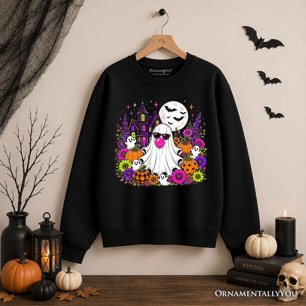 Colorful floral Halloween pumpkin sweatshirt featuring a bubblegum ghost haunted house design on a cozy OrnamentallyYou sweatshirt.