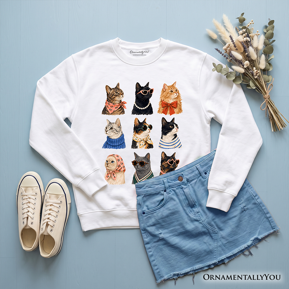 Colorful Cats sweatshirt featuring vibrant cat breed illustrations, casual summer sweater by OrnamentallyYou.