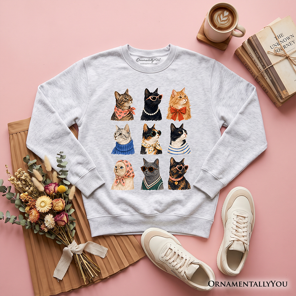 Colorful Cats sweatshirt featuring playful cat breed illustrations, lightweight summer sweater by OrnamentallyYou.