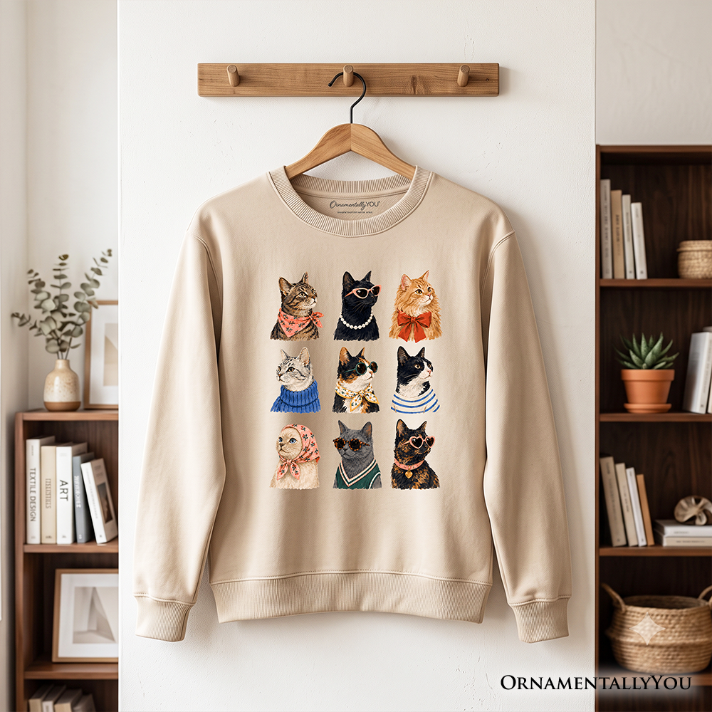 Colorful cats sweatshirt by OrnamentallyYou featuring vibrant cat breed illustrations on a summer sweater for women.