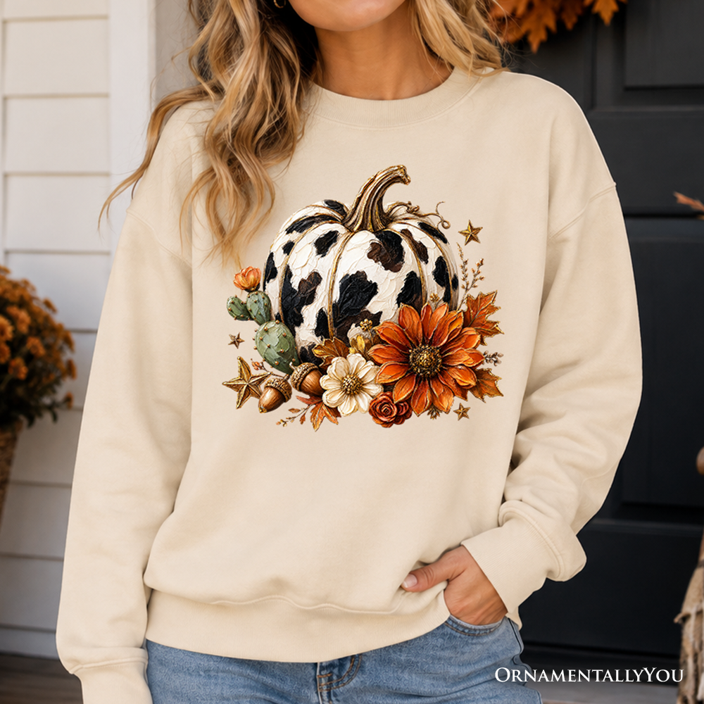 Cow pumpkin floral sweatshirt from OrnamentallyYou featuring autumn harvest design and western-inspired floral patterns.