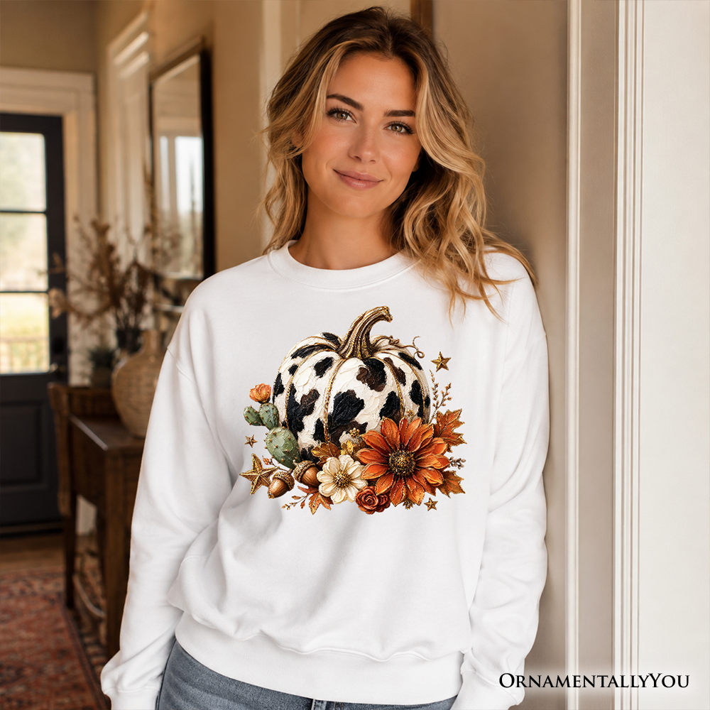 Cow Pumpkin Floral Sweatshirt by OrnamentallyYou featuring autumn harvest and western-inspired floral design on cozy sweatshirt fabric.