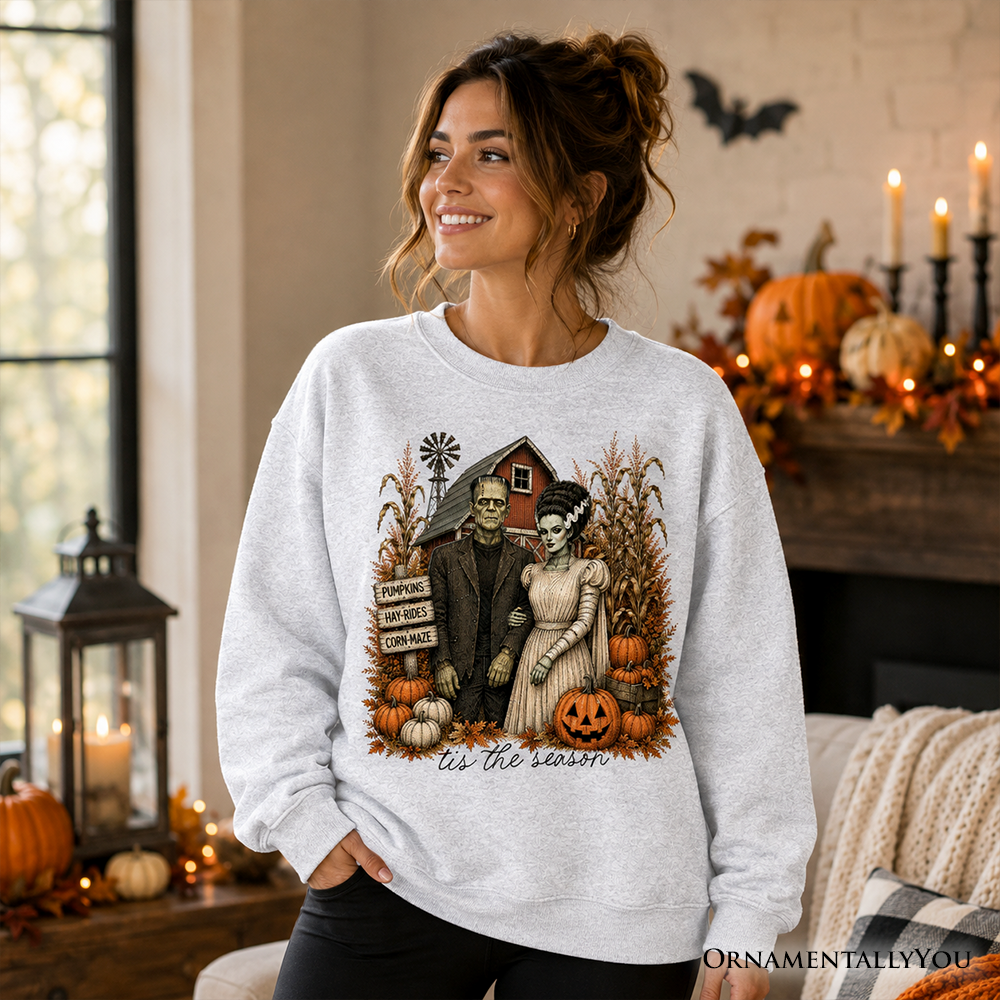 Vintage Halloween Frankenstein couple pumpkin patch sweatshirt by OrnamentallyYou, featuring festive fall festival design on a cozy sweater.