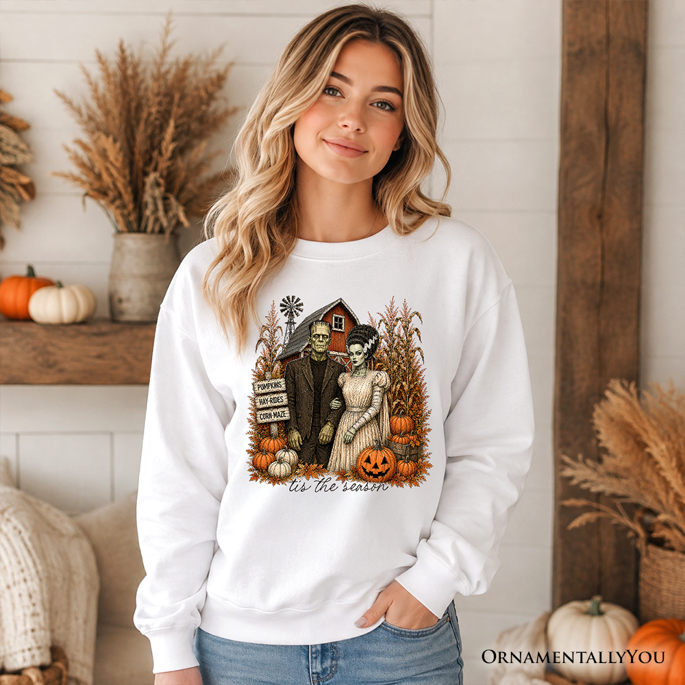 Vintage Frankenstein couple pumpkin patch sweatshirt from OrnamentallyYou featuring Halloween fall festival design.