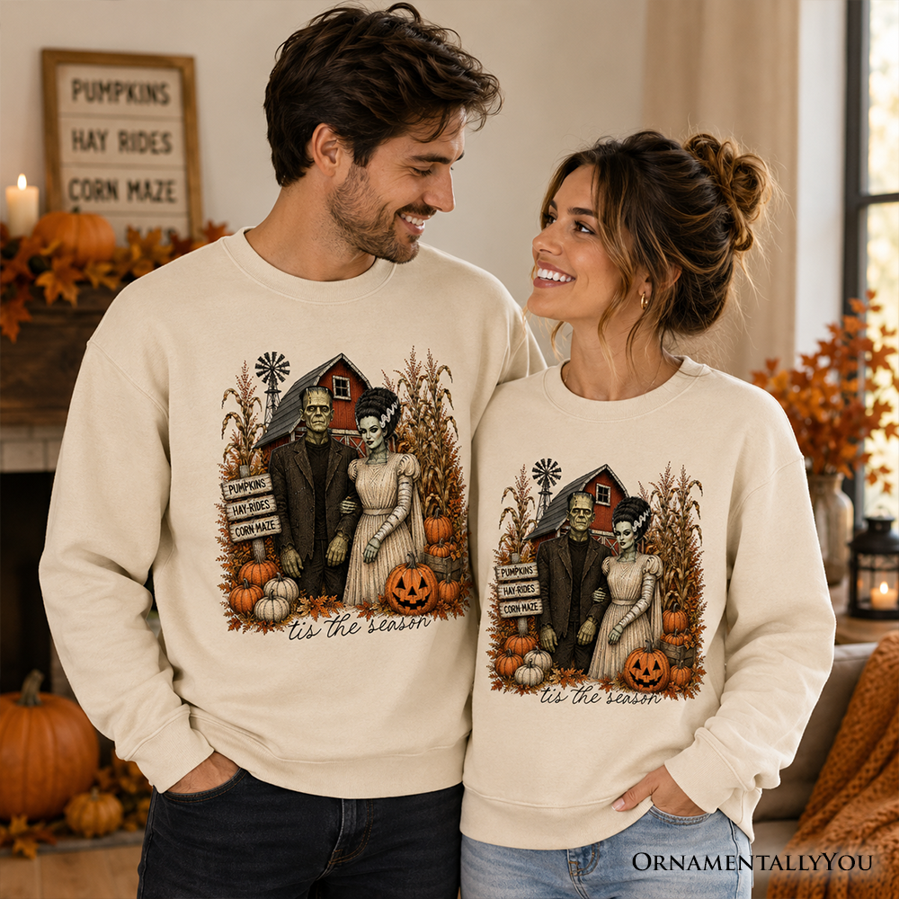 Vintage Halloween Frankenstein couple pumpkin patch sweatshirt by OrnamentallyYou featuring festive fall fall festival sweater design.