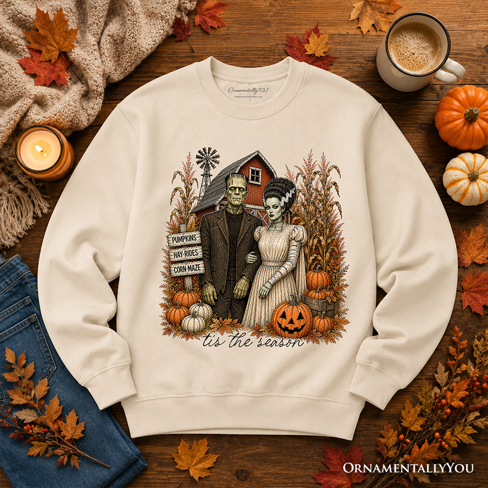 Vintage Frankenstein couple pumpkin patch Halloween sweatshirt by OrnamentallyYou, featuring festive fall fall festival design.