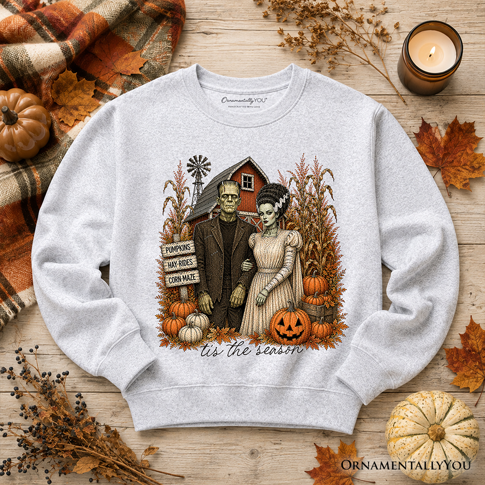 Vintage Halloween Frankenstein couple pumpkin patch sweatshirt by OrnamentallyYou, featuring spooky fall festival fall-themed design.