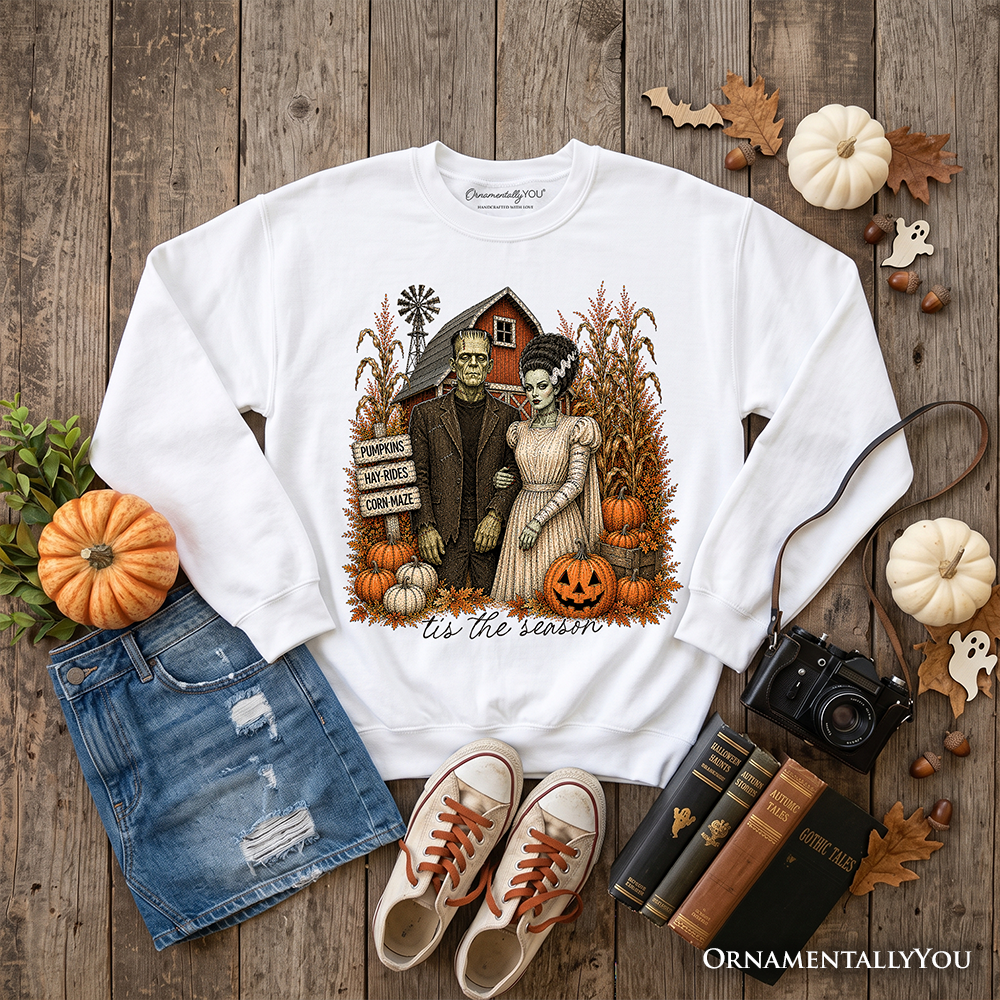 Vintage Frankenstein couple pumpkin patch sweatshirt from OrnamentallyYou, perfect for Halloween and fall festivals.