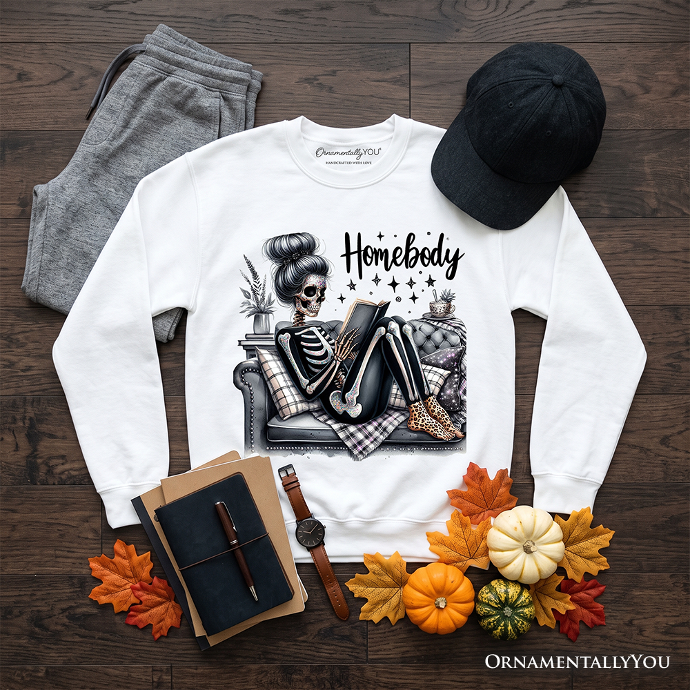 Homebody Reading Skeleton sweatshirt by OrnamentallyYou, a cozy, funny lazy self-care sweater for introvert women.