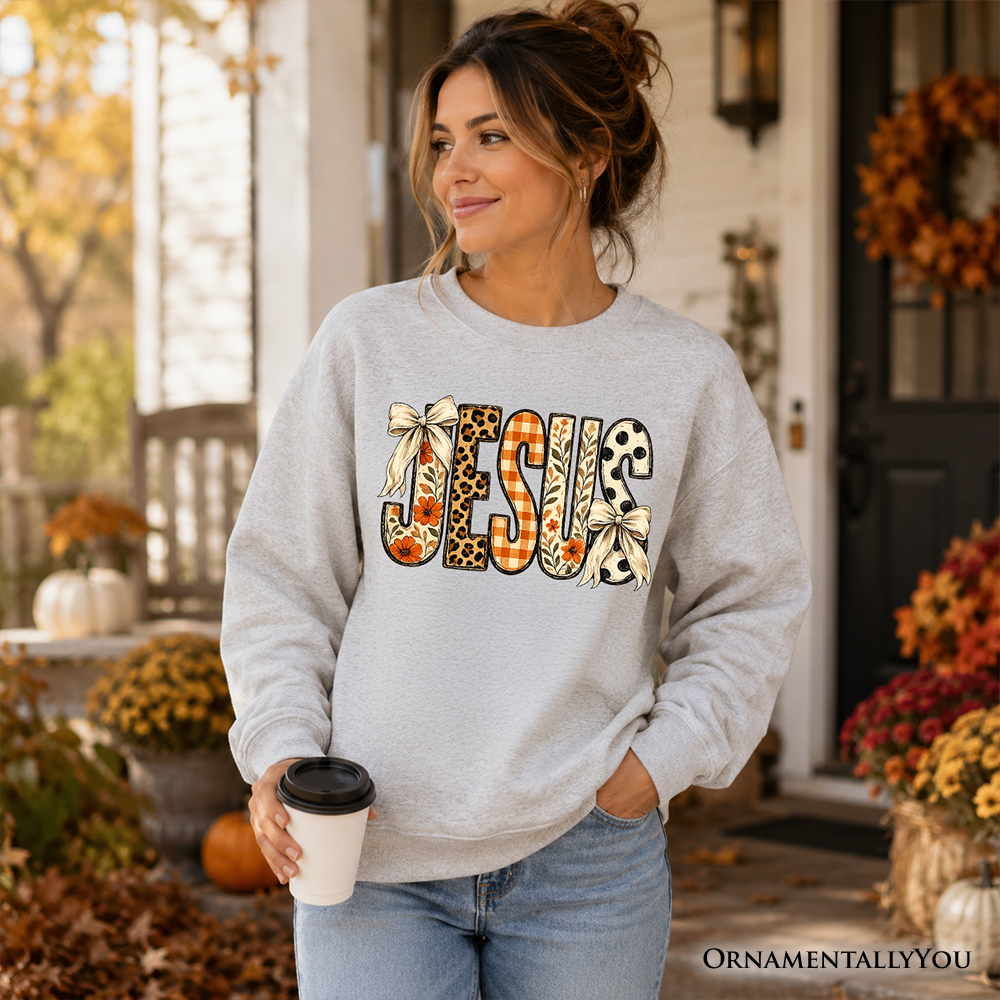 Jesus Coquette Fall sweatshirt by OrnamentallyYou featuring leopard, plaid, and floral patterns with Christian faith-themed design.