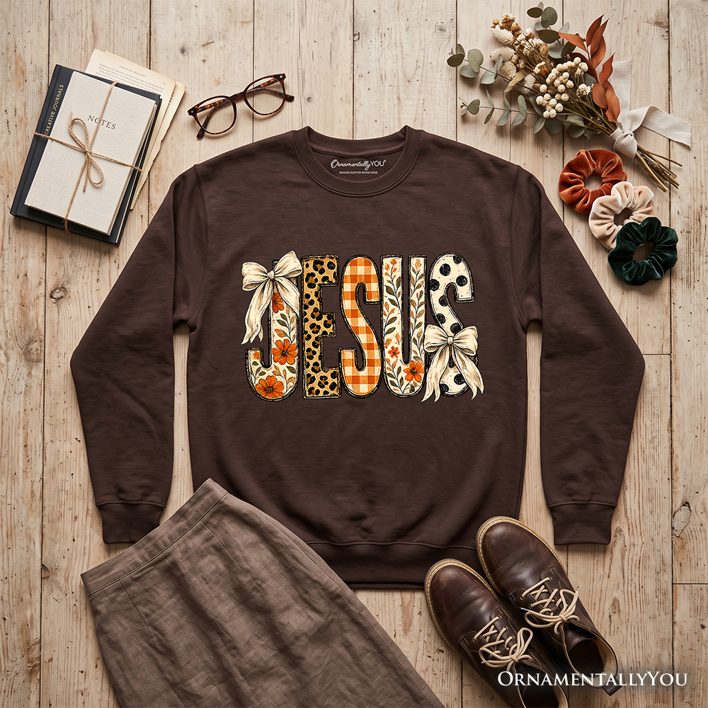Jesus Coquette fall sweatshirt by OrnamentallyYou featuring leopard plaid and floral Christian faith design on a cozy sweater.