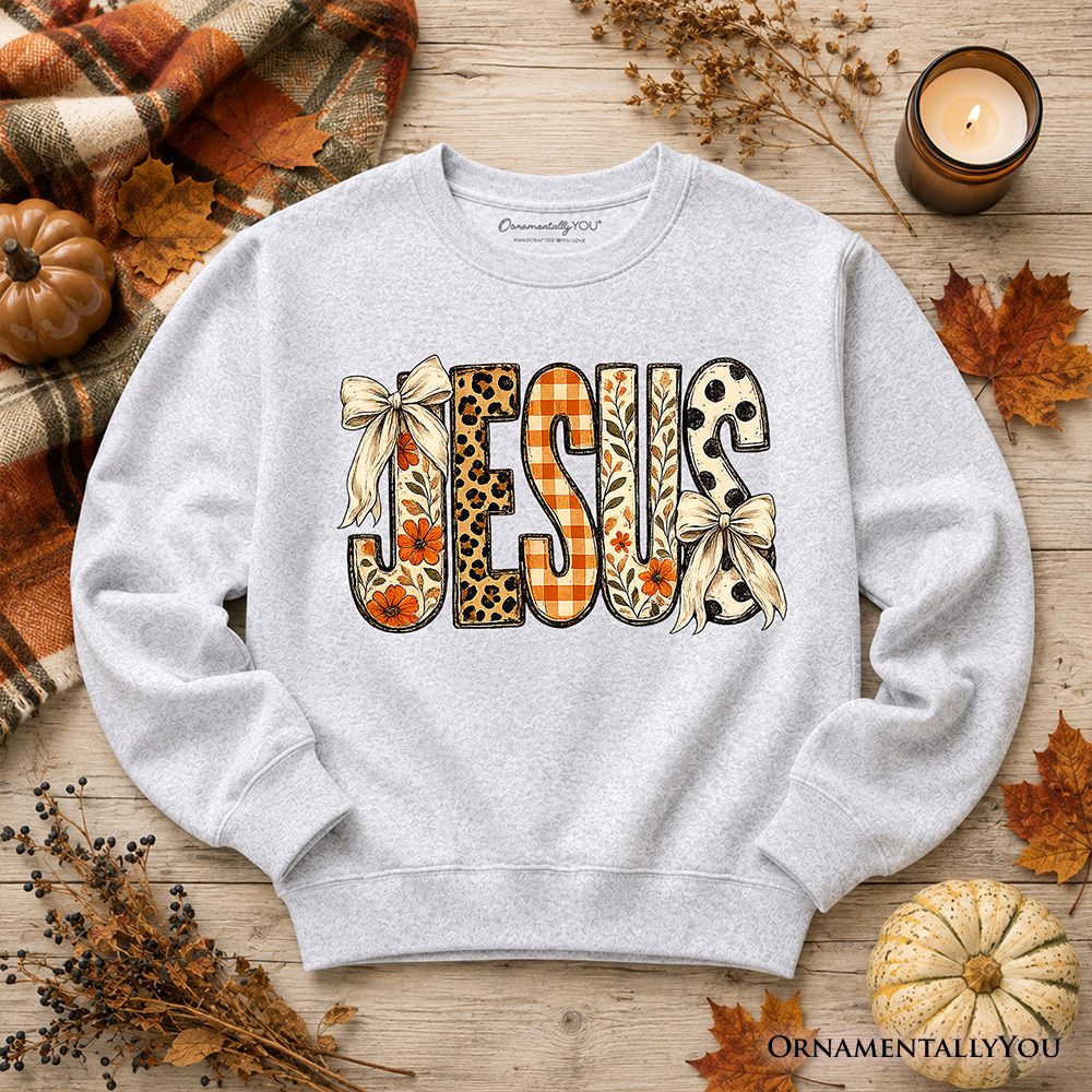 Jesus Coquette fall sweatshirt by OrnamentallyYou featuring leopard plaid floral Christian faith design on a cozy sweatshirt.