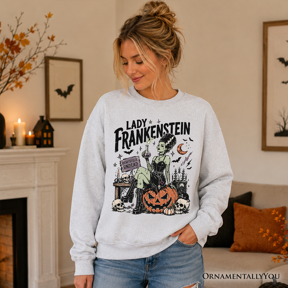 Vintage Gothic Lady Frankenstein sweatshirt by OrnamentallyYou featuring a beautifully undead Halloween-inspired design.