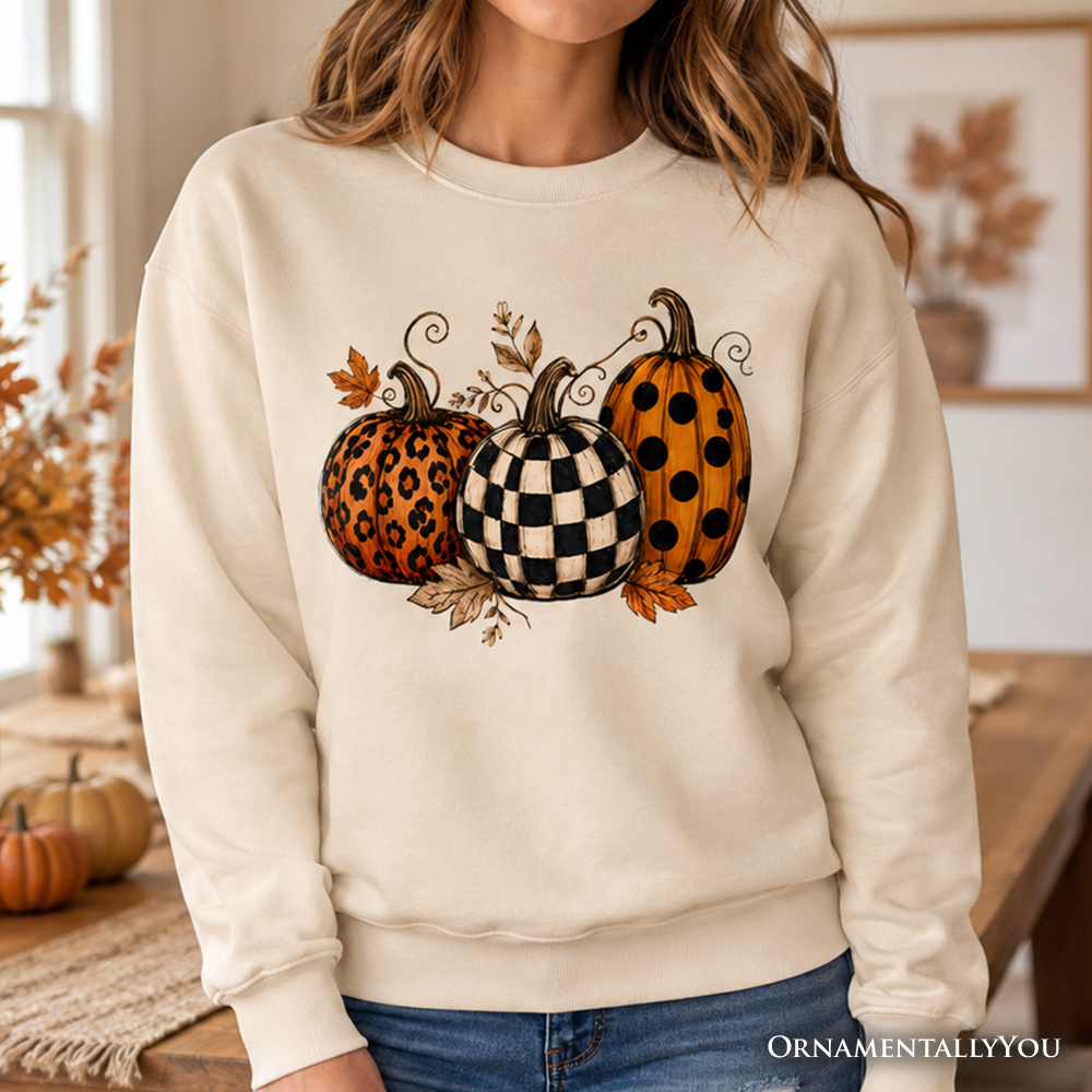 Leopard checkered pumpkin sweatshirt from OrnamentallyYou, cozy autumn fall sweater with fall-inspired pattern and warm fabric.