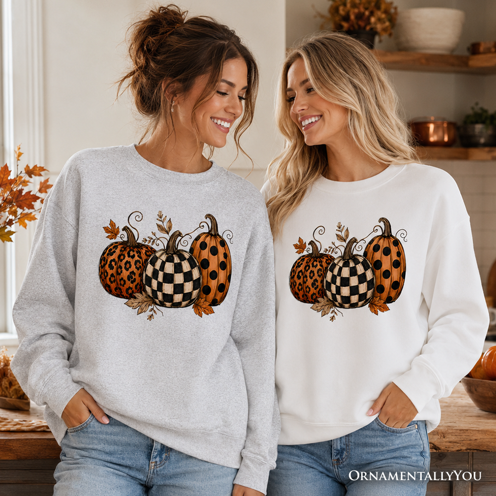 Leopard checkered pumpkin sweatshirt by OrnamentallyYou, cozy autumn fall sweater with festive fall print and long sleeves.