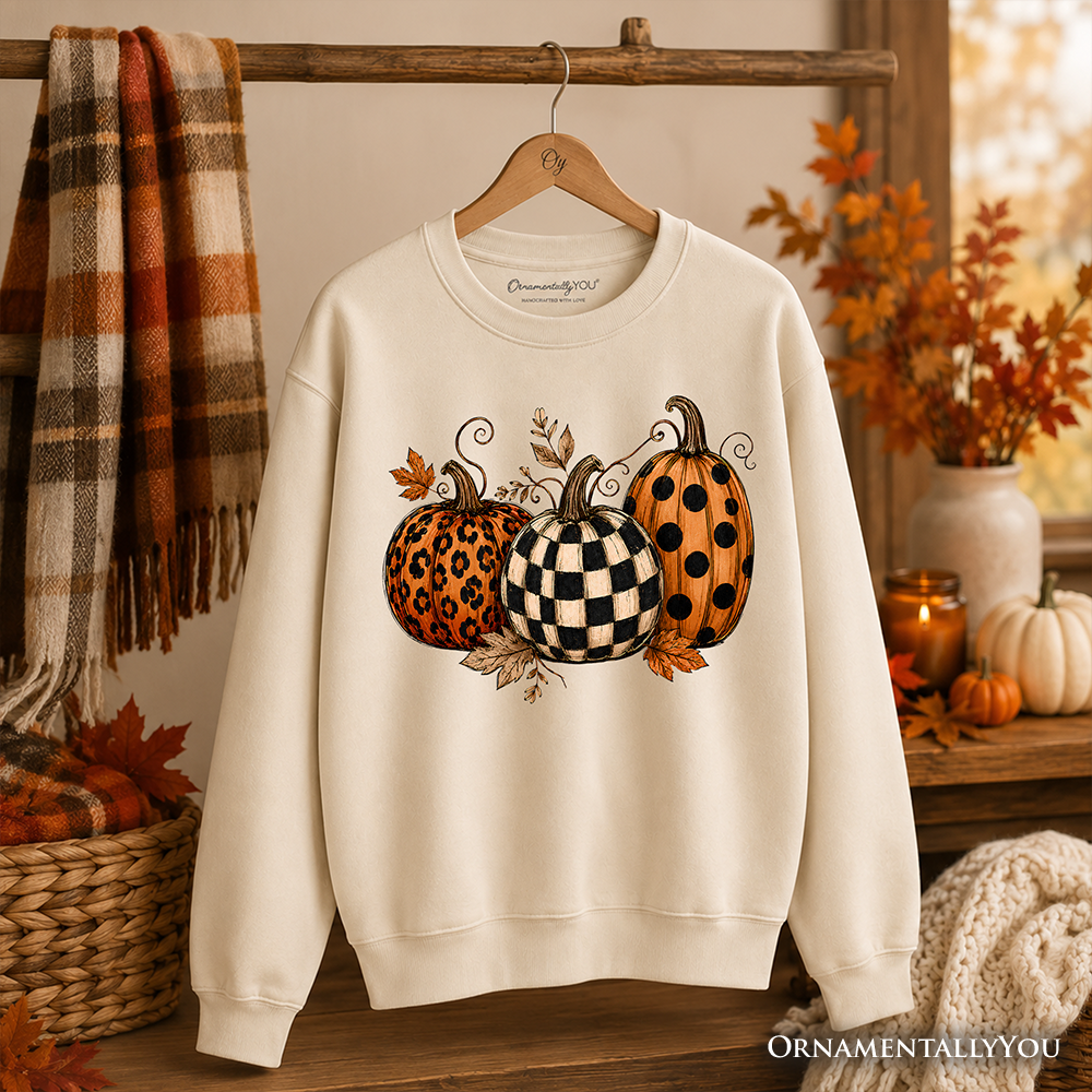 Leopard checkered pumpkin sweatshirt by OrnamentallyYou, cozy autumn fall sweater in ash gray with fall-themed print.