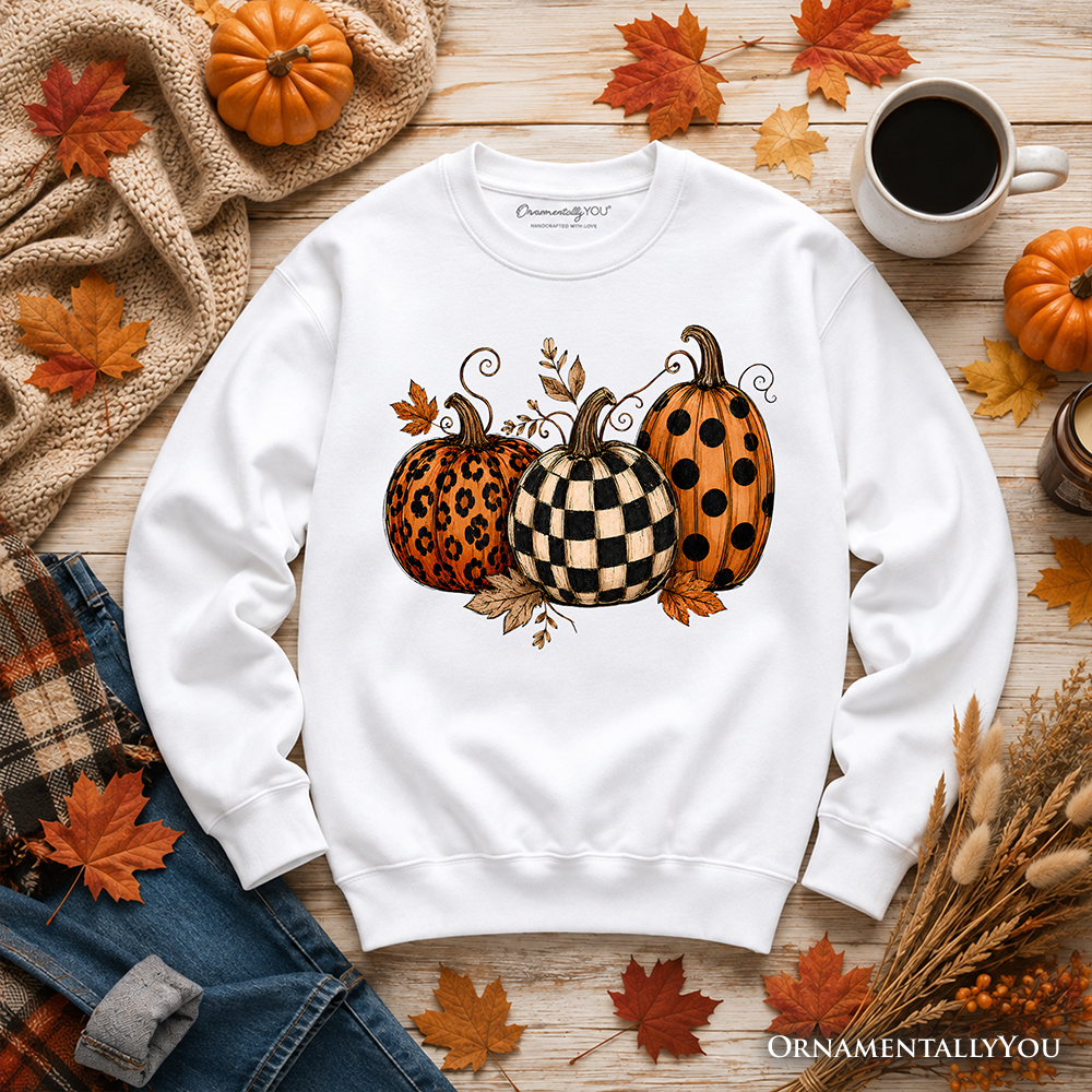 Leopard checkered pumpkin sweatshirt by OrnamentallyYou, cozy autumn fall sweater with fall-themed print and soft fabric.