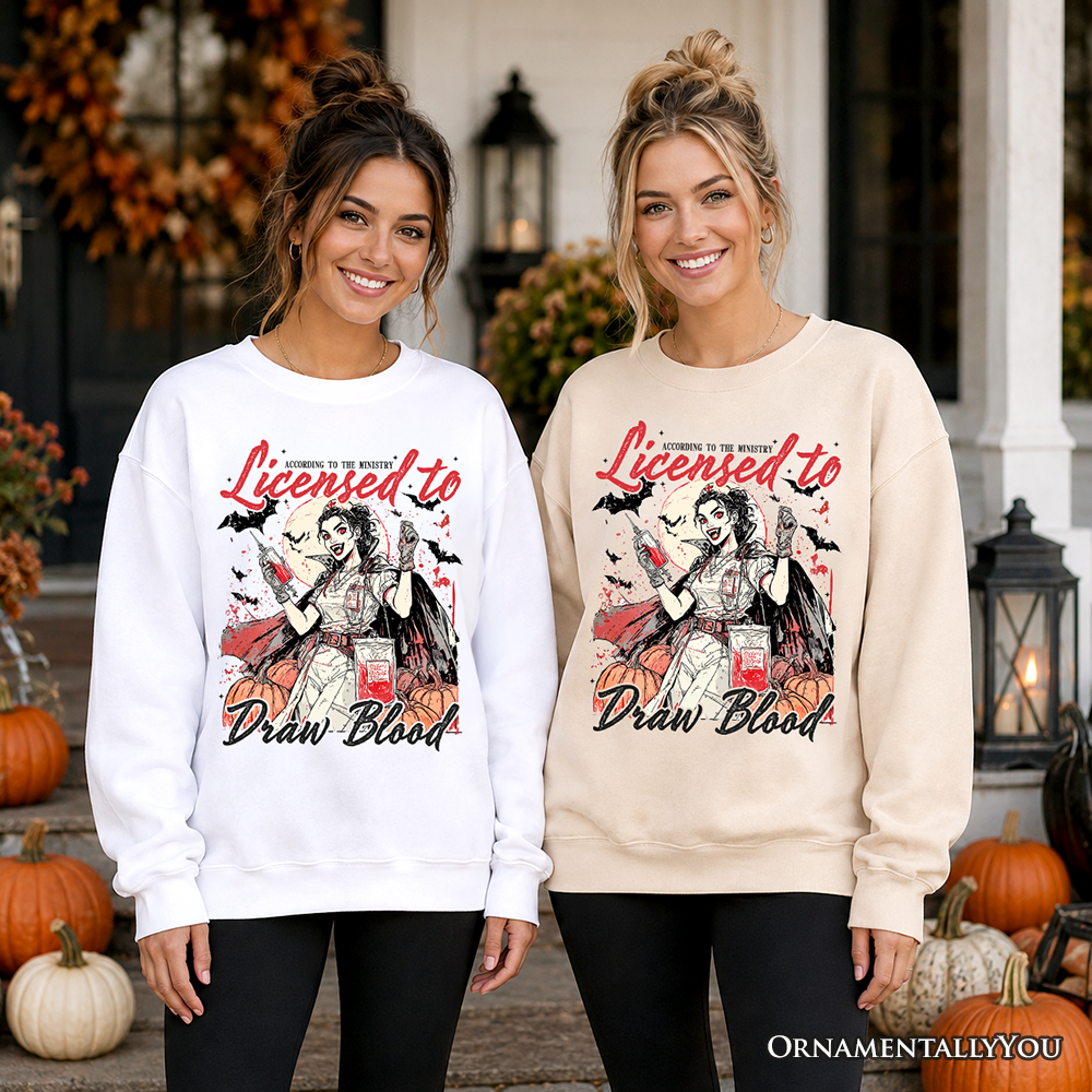 Gray Halloween nurse sweatshirt by OrnamentallyYou featuring spooky-themed blood draw graphic, perfect for spooky season.
