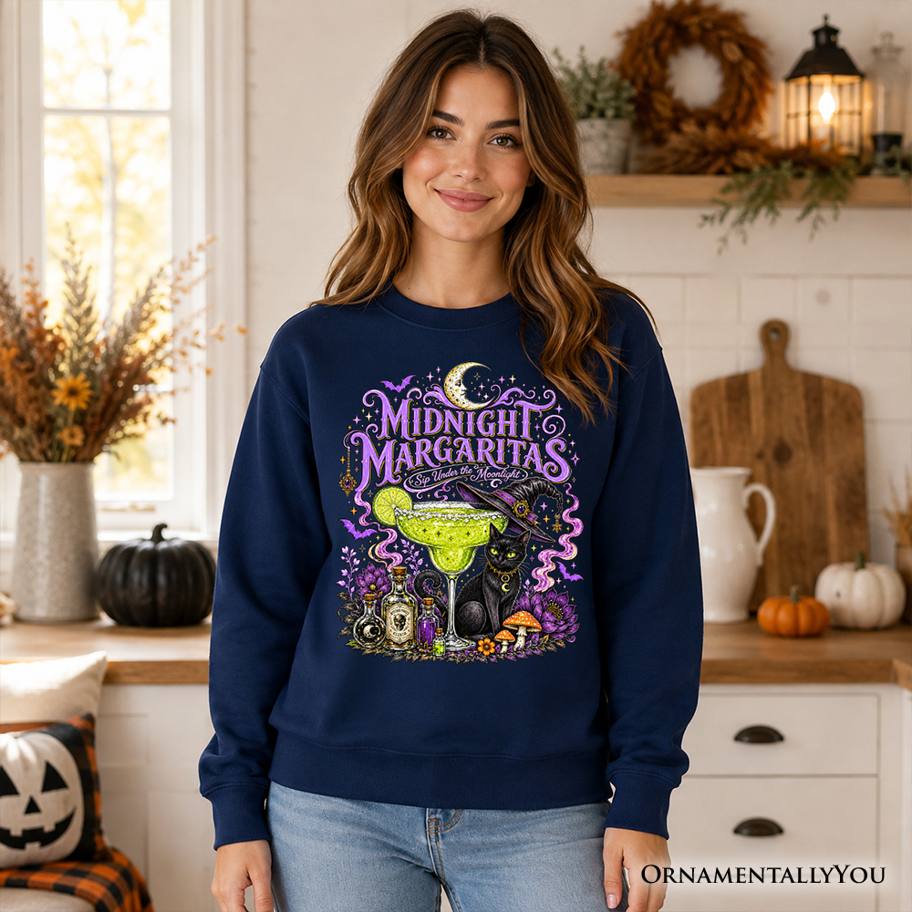Black cat Halloween sweatshirt with witchy cocktail design from OrnamentallyYou, perfect for spooky season and festive gatherings.
