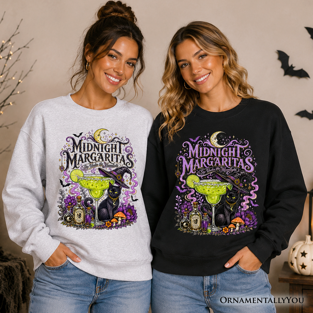 Black cat Halloween sweatshirt featuring midnight margaritas, witchy cocktail design, perfect for spooky season, by OrnamentallyYou.