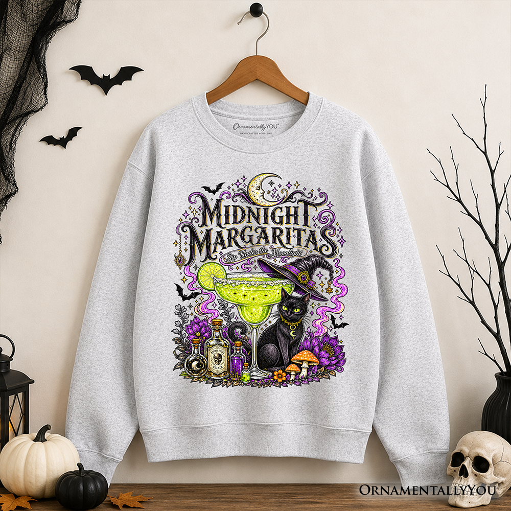 Black cat Halloween sweatshirt featuring witchy cocktail design, perfect for spooky season, from OrnamentallyYou.