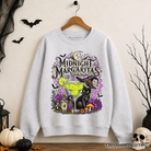 Black cat Halloween sweatshirt featuring witchy cocktail design, perfect for spooky season, from OrnamentallyYou.