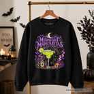 Black cat Halloween sweatshirt featuring spooky cocktail design, perfect for witchy, festive fall and spooky season wear.