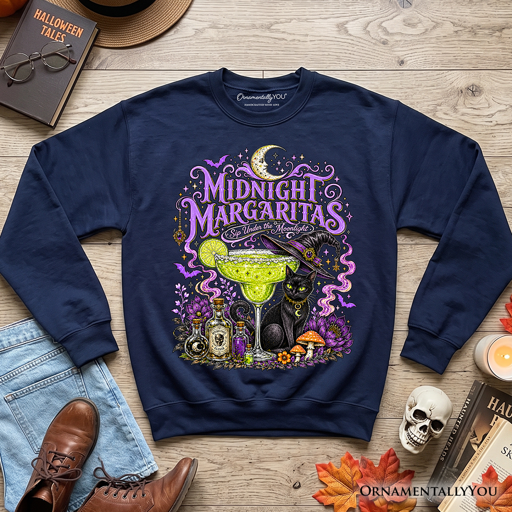 Black cat Halloween sweatshirt with witchy cocktail design from OrnamentallyYou, perfect for spooky season.