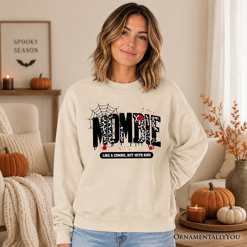 Ash gray Mombie Like a Zombie Halloween sweatshirt by OrnamentallyYou with spooky mom horror design and comfy sweatshirt fit