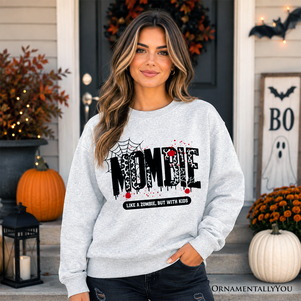 Funny Halloween Mom horror sweatshirt by OrnamentallyYou featuring a zombie motif, perfect for spooky seasonal wear.