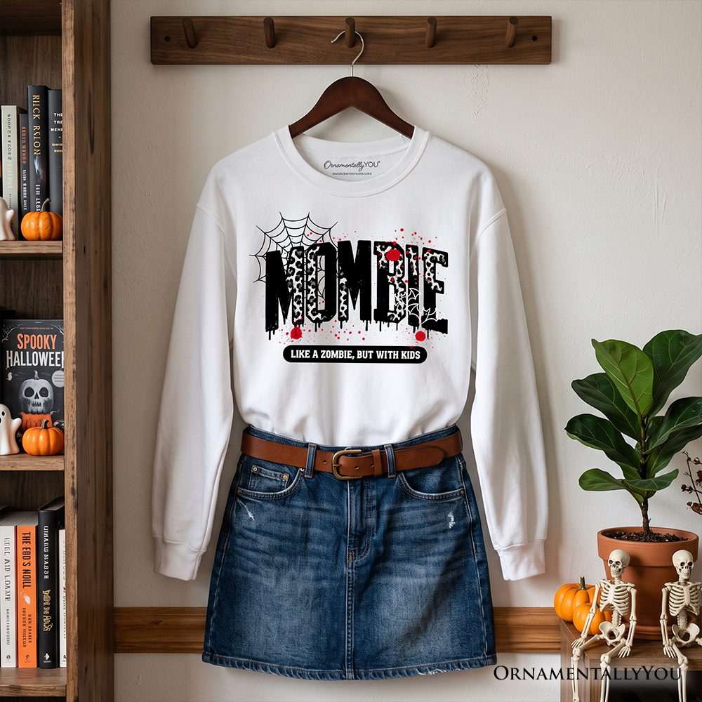 Ash gray Mombie Like a Zombie Halloween sweatshirt by OrnamentallyYou featuring humorous mom horror zombie design.