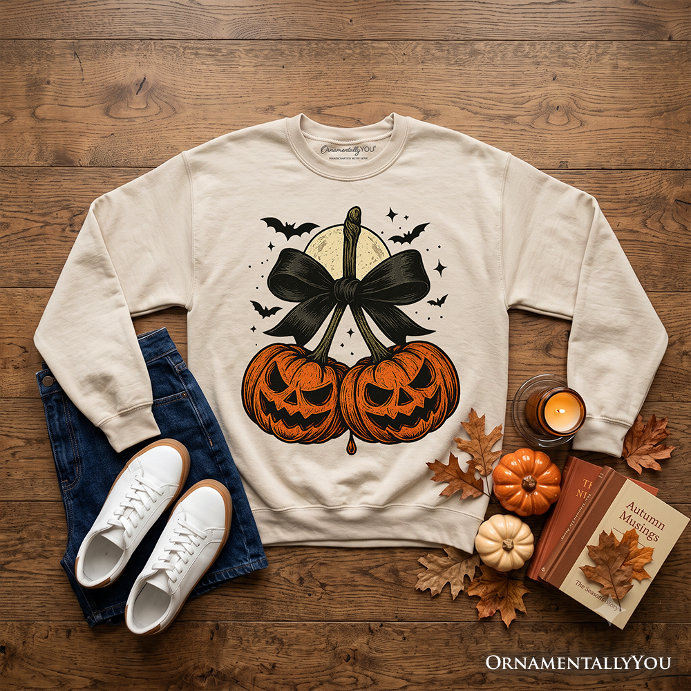 Orange and gray Pumpkin Cherries Coquette Bow sweatshirt by OrnamentallyYou featuring a retro Halloween fall design for girls.