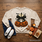 Orange and gray Pumpkin Cherries Coquette Bow sweatshirt by OrnamentallyYou featuring a retro Halloween fall design for girls.
