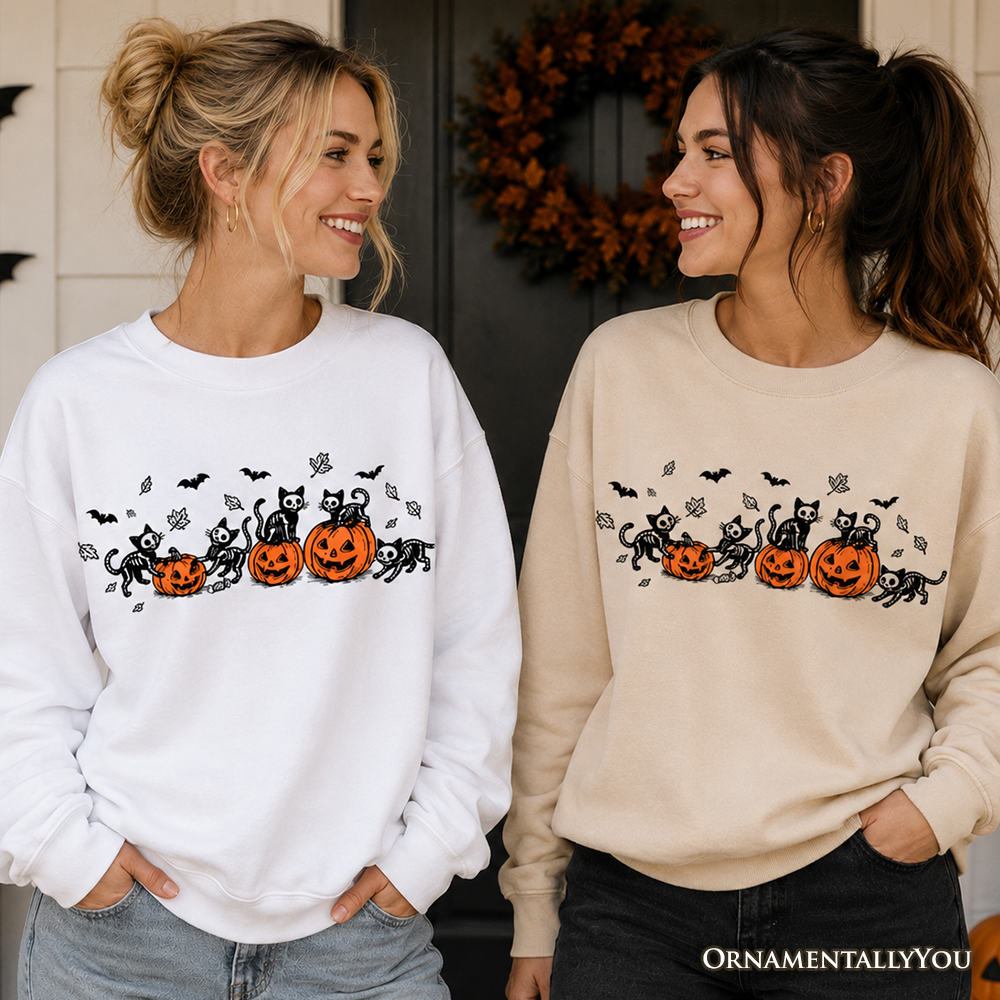 Black Halloween sweatshirt with skeleton cats and pumpkins design, featuring spooky black cat artwork on a cozy black sweater.