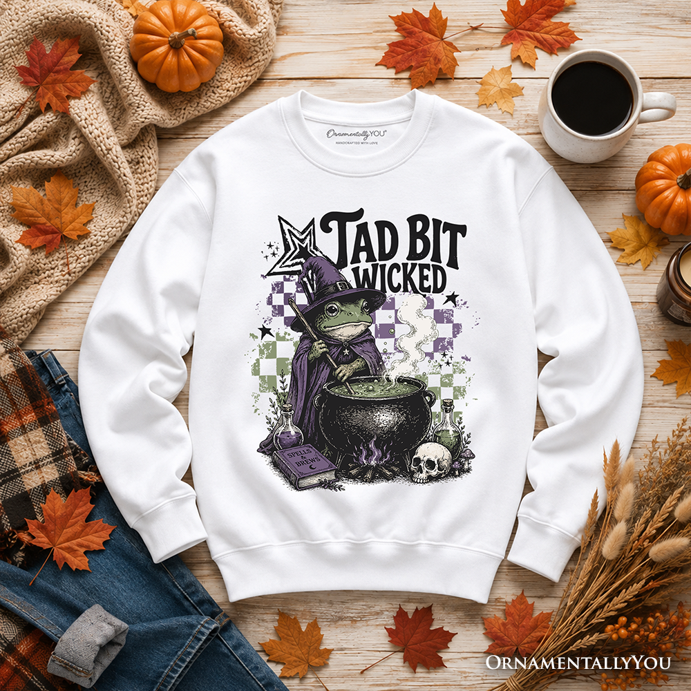 Ash gray Tad Bit Wicked Frog Witch Halloween sweatshirt by OrnamentallyYou featuring spooky cauldron design and witch motifs.